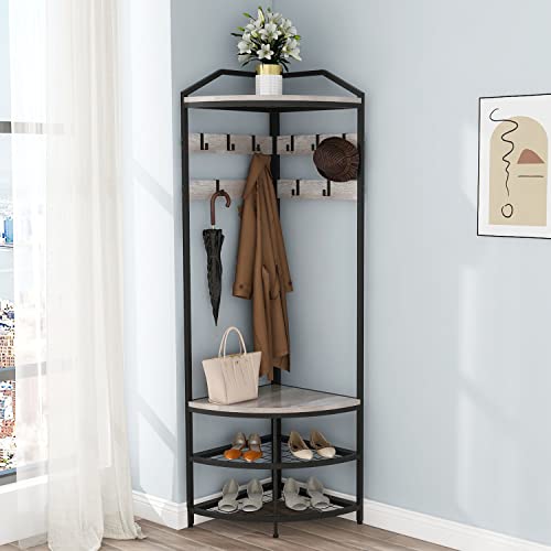 GiftGo Grey Corner Hall Tree with Shoe Bench Entryway Coat Rack with 10 Metal Movable Hooks Rustic Farmhouse Floorstanding Clothes Rack Shoes Shelf Organizer for Home Office Bedroom (Greige) - color: Greige