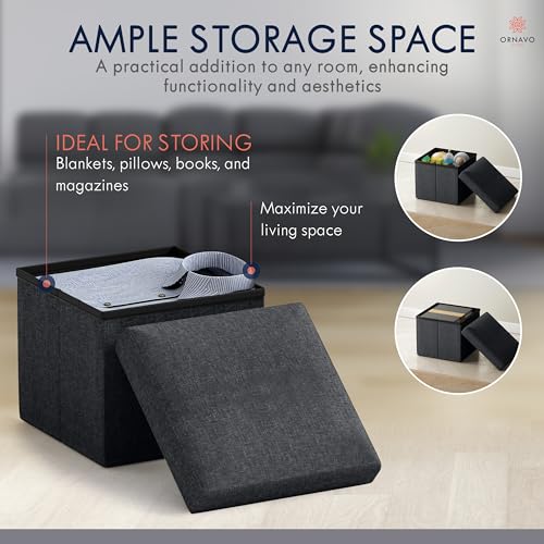 Ornavo Home Small Storage Ottoman Foldable Collapsible Cube Square Linen Ottoman Foot Rest Stool Seat, for Living Room, Bedroom, Home Office, Dorm - 12 x 12 x 12, Black - color: Black