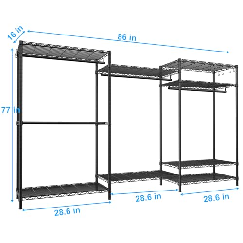 Ulif E13 Max Heavy Duty Clothes Rack（With 4 Hanger Rods & 8 Shelves） Freestanding Clothing Racks for Hanging Clothes，Adjustable Closet，Metal Garment Rack 86" W x16 D x77 H，Max Load 1100LBS，Black - color: Black, size: E13 Max