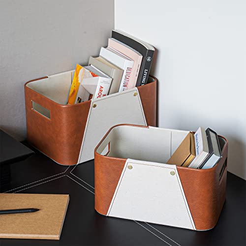 LA JOLIE MUSE Storage Baskets for Organizing, 2 Pack, Storage Cube Boxes Luxury Brown Vegan Leather and Beige Greige Fabric for Closet Shelf Cabinet Bookcase - color: Brown