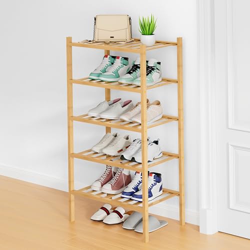 Smiry Shoe Rack, 5 Tier Small Bamboo Shoe Organizer, Stackable Free Standing Wooden Shoe Storage Shelf for Closet, Entryway, Front Door Entrance, Natural - color: Natural, size: 17.32" Wide - 5 Tier - Regular