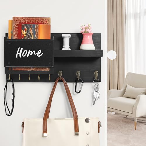 Decorative Key Hanging Rack with 8 Hooks – Easy Install Natural Wooden Key and Mail Holder for Wall Mount – Sunglasses Wallet Holder Entryway Decor with Shelf and Chalkboard (Coal Black) - color: Coal Black