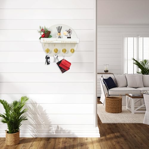 Key Holder for Wall, Key and Mail Holder Organizer - Key Holder Wall Mount with Bouquet Shelf and Key Hooks, Round Wooden Rustic Key Rack for Entryway and Home Decor (White) - color: White
