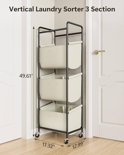 3 Section Laundry Sorter with Removable Bags, 120L Rolling Vertical Laundry Hamper, Stackable Laundry Baskets organizer for Bathroom, Apartment, Dorm (Beige, With Wheel) - color: Beige, size: With Wheel