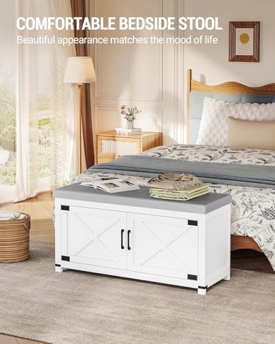 Hzuaneri Shoe Storage Bench, 2 Tier Shoe Bench with Padded Seat Cushion & 2 Barn Doors, Entryway Bench with Adjustable Shelf, Farmhouse Shoe Cabinet for Living Room, Bedroom, White SB26603GY - color: White, size: 39.4"W