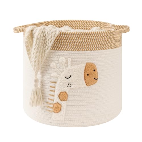 Large Blanket Baskets for Living Room Decor, Toy Storage Baskets Woven Cotton Rope Storage Basket for Kids, Dog Toys Organizer Clothes Hamper with Embroidery Decor for NurseryLaundry (Large, Giraffe) - color: Giraffe, size: Large