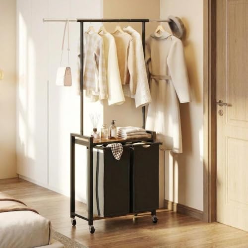 Garvee 2-Section Laundry Sorter with Shelf and Hanging Rack, Rolling Laundry Basket with Shelf and Wheels, Heavy Duty Laundry Hamper Rack for Laundry Room, Bedroom, Bathroom, Black