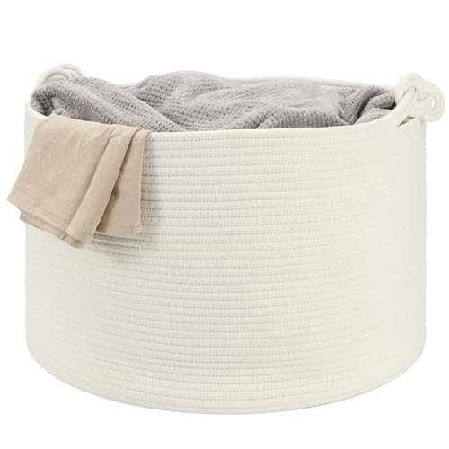 Large Blanket Basket (20"x13"), Woven Storage Basket for Dirty Clothes, Laundry, Living Room, Nursery, Bedroom - White - color: White