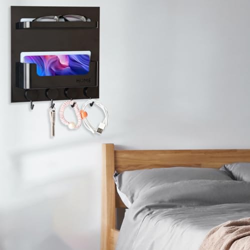 Updated Bedside Shelf Wall Mount Phone Holder Organizer Stick On Adhesive Damage Free Hanging Strips 4 Hooks Teenager Dorm Room Essentials Decoration Gasses Remotes Keys Snacks (Black) - color: Black