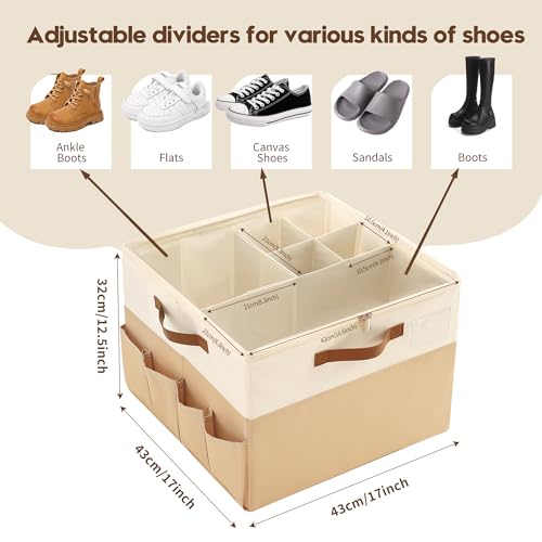 Varhomax Shoe Organizer Box 2 Pack for Closet, Fabric Shoe Storage Bin with Adjustable Dividers & Clear Cover, Holds up 16-32 Pairs of Sneakers & Sandals for Entryway, Cubby - color: Brown-Large-2 Pack