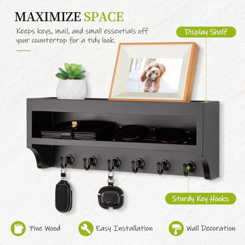 Nekon Key Holder Wall Mount, 12.8" W x 5.6" H x 3.7" D Wall Mounted Key and Mail Organizer with 6 Key Hooks, Key Racks for Home Entryway Decor (Black) - color: Black
