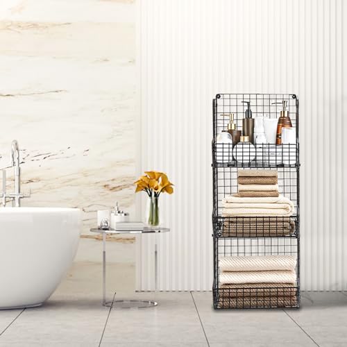 PUPPYCUTE Stackable Wire Storage Baskets for Kitchen Closet Pantry, Hanging Closet Organizers Storage Shelves Organization, Wall Mount Metal Basket Bins, Clothing Vegetable & Fruit Organizer 3 pcs - color: Black-3pcs