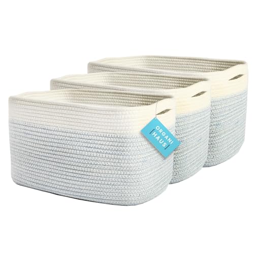 OrganiHaus Rope Baskets for Shelves - Set of 3 Woven Storage Baskets for Organizing, Closet & Toy Storage - Blue/White - 15x9x10 - color: Blue / Off-White