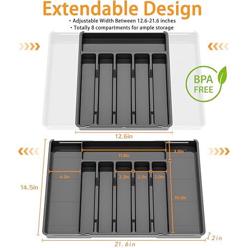 Silverware Drawer Organizer, Expandable Utensil Tray for Kitchen Drawers, BPA Free Flatware and Cutlery Holder, Adjustable Plastic Storage for Utensil like Spoons, Forks, Knives.Black - color: Black-8 grid