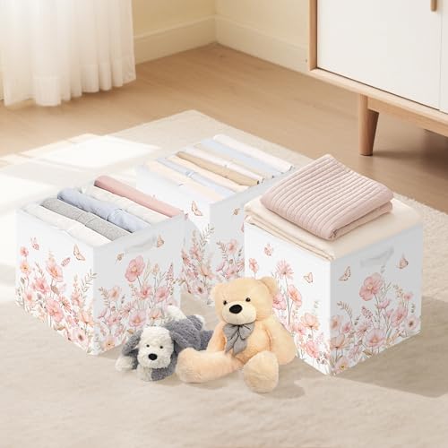 Clastyle 3 pcs 11.8'' Spring Summer Flower Storage Basket for Shelves with Metal Frame Large Butterfly Girl Clothes Toy Book Cube Bin for Bedroom Playroom,Pink - color: Watercolour