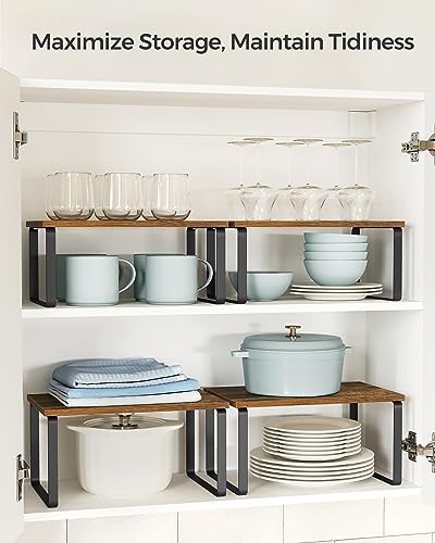 SONGMICS Cabinet Organizer Shelf, Set of 4 Kitchen Counter Shelves, Kitchen Storage, Spice Rack, Stackable, Expandable, Metal and Engineered Wood, Ink Black and Rustic Brown UKCS021X01 - color: Ink Black + Rustic Brown, size: 11.7"W