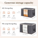 Lifewit 6 Pack Clothes Storage Bins with Lids, Foldable Blanket Storage Bags with Zippers, Clear Window and Reinforced Handles, Closet and Organization for Clothing, Sweater, Comforter, Bedding - size: 60L