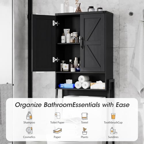Over The Toilet Storage Cabinet with 2-Door Design Bathroom Organizers and Storage with Anti-Tip Device Over Toilet Organizer with Shelves for Bathroom,Restroom,Laundry Black - color: Black