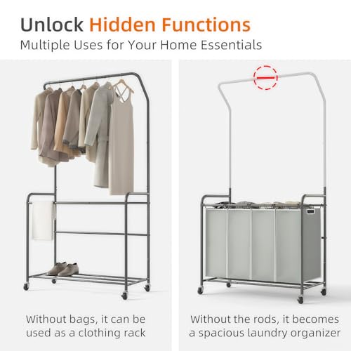 ROMOON Laundry Hamper Sorter Cart: 4 Section Organizer with Hanging Bar and Heavy-duty Lockable Wheels | 180L Rolling Laundry Basket with Clothes Rack in Laundry Room or Small Spaces (Grey) - color: grey