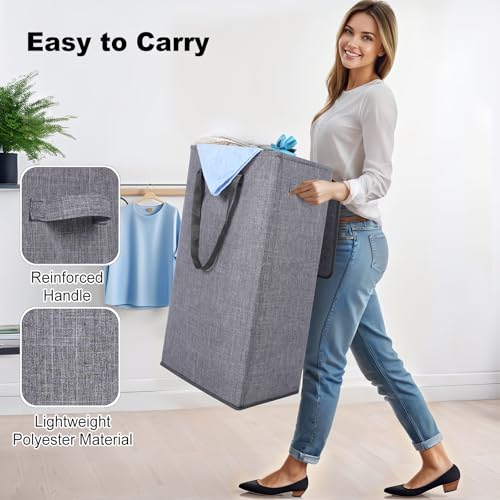 Odonata 75L Slim Laundry Hamper with Lid,Large Foldable Laundry Basket with Removable Bag and Handles Tall Collapsible Dirty Clothes Basket Great for Bedroom, Bathroom, Dorm, College,RV. (Grey, 75L) - color: Grey
