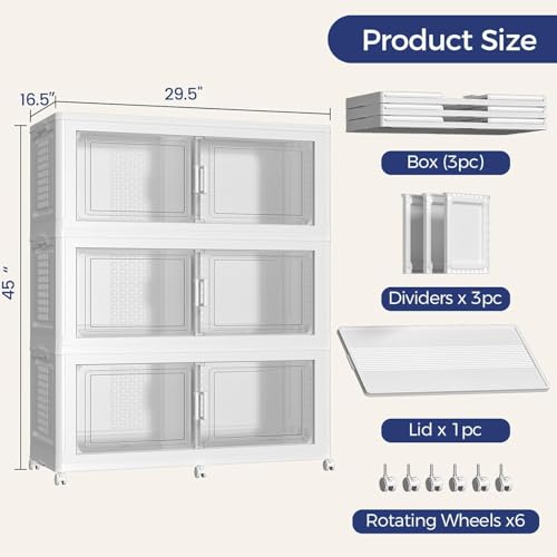 120GAL Storage Bins with Lid and Wheels, Stackable Closet Organizers and Storage Drawer, Collapsible Storage Box with Dividers, Foldable Plastic Cabinets for Room, Kitchen, 3 Pack White - color: White, size: 40Gal-3Pack