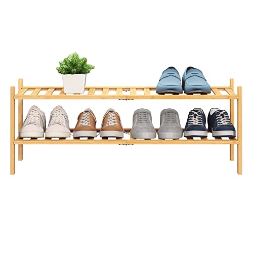 BMOSU 2-Tier Bamboo Extended Shoe Rack Premium Stackable Shoe Shelf Storage Organizer for Hallway Closet Living Room Entryway Organizer (Natural Bamboo) - color: Natural Bamboo, size: 2-Tier Long（33.3*11*12.6inches）