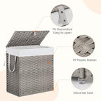 110L Laundry Hamper with Lid, Hand-Woven Pp Rattan Laundry Basket with Compartments & Handles, Removable Liner Bags,Foldable, Narrow Dirty Clothes Basket, Grey - color: 110L-Grey