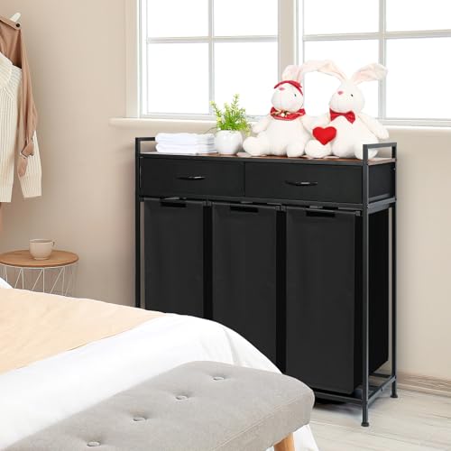 Laundry Sorter 3 Section, 180L Laundry Hamper Basket with Shelf and 2 Drawers, 3 Compartment Clothes Storage Organizer Cart, Pull-Out Removable Oxford Fabric Bags, Black - color: Black, size: 180L