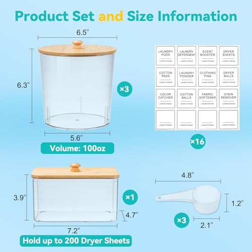 Laundry Pods Container & Dryer Sheet Holder, Laundry Room Organization and Storage Jars with Lids, Labels & Scoops for Powder Detergent Scent Booster - color: Wood