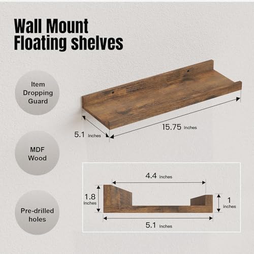 RICHER HOUSE 8 Set Floating Wall Mounted Shelves, Nursery Hanging Book Shelves with Lip for Storage, Display Picture Ledge Shelf for Bedroom Bathroom Kitchen Living Room Wall Decor, Rustic Brown - color: Brown, size: 8pcs*15.75in