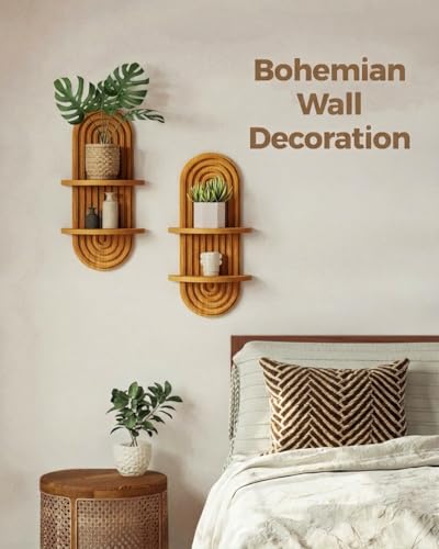 Bamworld Boho Wall Decor Brown Plant Wall Shelf, Mid Century Modern Decor Hanging Plant Shelf, 2-Tier Wooden Floating Shelves for Home, Bathroom Bedroom Living Room, Office Planter Decoration 2 pcs - color: Brown - Glossy, size: 16.7'' 2pcs