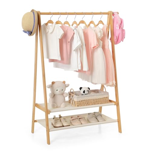 Foldable Kids Clothing Rack - Dress Up Storage with 2 Fabric Shelves, Bamboo Small Clothes Rack for Hanging Organizer, Kids Costume Wardrobe & Dress Up Rack for Bedroom, Playroom, Nursery (Natural)