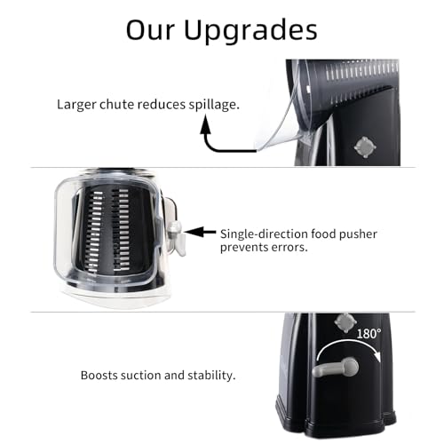 Upgrade Rotary Cheese Grater Shredder with Handle, Strong Suction Base, Multi-purpose Rotary Grater Slicer with 5 Interchangeable Blades for Ice, Vegetables, Fruit, Nuts with Blade Storage Box - color: Black