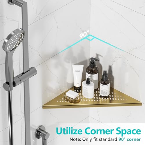 Qeke Bathroom Corner Shelf, Recessed 12" Shower Shelf Caddy, SUS304 Stainless Steel Shelf Wall Mount Triangular, No Drilling, Brushed Golden - color: Brushed Golden, size: 12"- 1 Pack