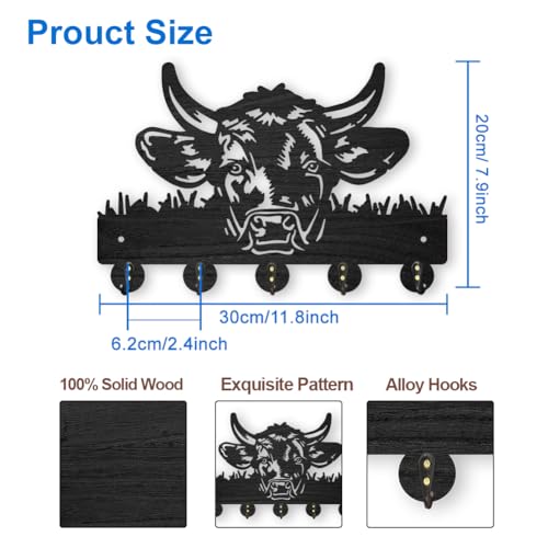MAYJOYDIY Cow Coat Rack Wall Mount 11.8×7.9inch Wood Farm Animal Wall Art Decor Bull's Head Key Holder for Wall 5 Alloy Hooks Black Key Hanger Hat Towel Wall Hook for Entryway Living Room Bedroom Gift - color: Cow