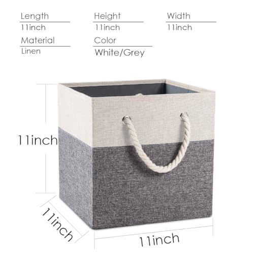PRANDOM Large Foldable Cube Storage Bins 11x11 inch [4-Pack] Fabric Linen Storage Baskets Cubes Drawer with Cotton Handles Organizer for Shelves Nursery Closet Bedroom White and Grey - color: White and Grey, size: 11x11 inch(4-Pack)