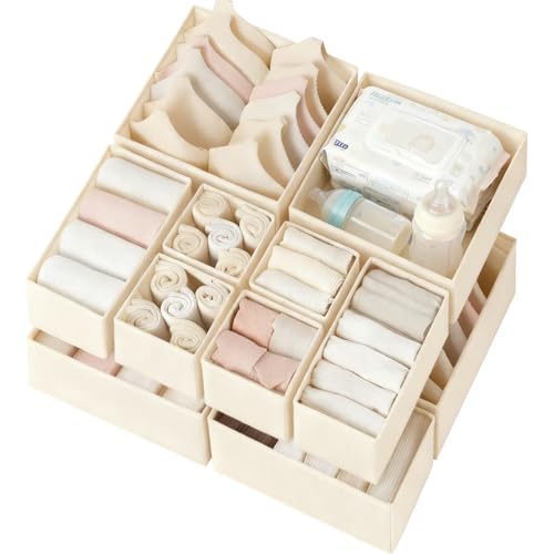 Criusia Drawer Organizer Clothes 12 Pack, Dresser Organizer for Nursery Bedroom Closet Organization and Storage - Baby Clothes Organizer Bins - Drawer Divider for Sock Underwear Bra Ties (Beige) - color: Beige, size: 12 Pack