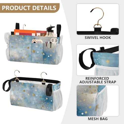 Bedside Caddy Metal Frame Hanging Organizer Bunk Bed Dorm Accessories Hook And Loop Storage Bag Large Pockets Light Blue Golden Stars - color: Light Blue Golden Stars