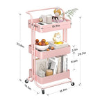 3 Tier Rolling Storage Cart, Metal Rolling Utility Cart with Wheels, Multifunctional Sturdy Organizer for Snack Cart, Craft Art Supplies, Kitchen, Bathroom, Office, Nursery Diaper - color: Pink