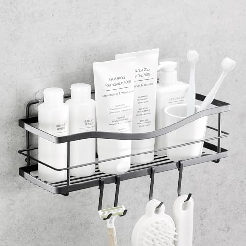 KINCMAX Premium Shower Caddy - Self Adhesive Shower Shelf with 4 Hooks - No Drill Large Capacity Stainless Steel Rack - Aesthetic Organizer for Bathroom Wall Decor - Matte Black - style: Shower Caddy (Black)
