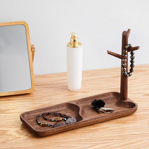 Solid Wood Key Holder with Tray, Black Walnut Key Tray & 3-Tier Jewelry Stand - Entryway Key Bowl Organizer for Keys, Wallet, Phone, Watch, Rings, Bracelets | Wooden Key Holder (11.8"x4.7"x8.3")