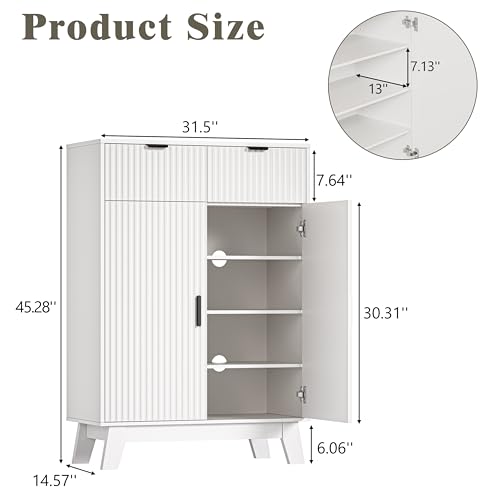 Shoe Cabinet Storage for Entryway, 4 Tier Fluted Shoe Storage Cabinet with 2 Drawers, Narrow Hidden Shoe Organizer with Adjustable Shelves, Freestanding Shoe Rack for Entryway, Hallway, White - color: White, size: 4 Tier