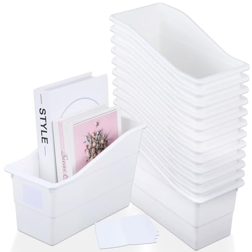 12 Pack Large Book Bins, Durable Magazine Organizer File Holder High-Quality Plastic Book Storage Bins with Labels for Classroom Library, Office, Desktop Organization, Bookshelf Categorization (White) - color: White