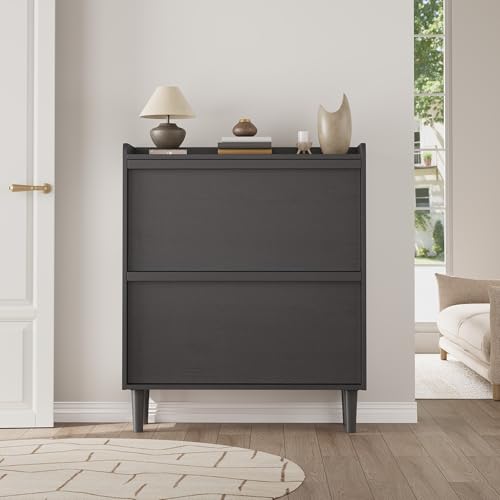 GarveeHome Shoe Cabinet with 2 Flip Drawers, Wooden Shoe Organizer Cabinet with Adjustable Shelf, Shoe Storage for Entryway, Hidden Shoe Cabinet for Hallway, Living Room, Black - color: Black, size: 2-Drawers