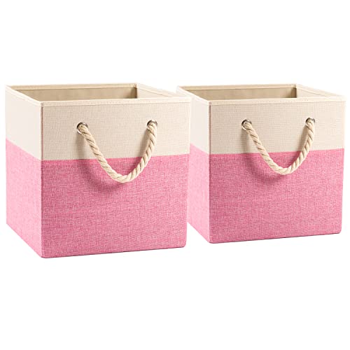 PRANDOM Large Foldable Cube Storage Bins 13x13 inch [2-Pack] Fabric Linen Storage Baskets Cubes Drawer with Cotton Handles Organizer for Shelves Nursery Closet Bedroom Pink - color: Pink, size: 13x13 inch(2-Pack)