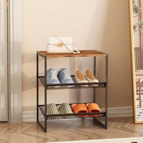 Garden 4 you Shoe Rack for Closet Narrow 3 Tiers, Small Shoe Rack with Brown Wooden Tabletop, Adjustable Metal Shoe Shelf for Closet Entryway Hallway Living Room - color: Brown, size: 3-Tier