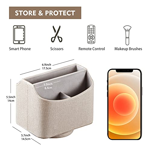 Fanousy 360° Rotating Remote Control Holder, PU Leather TV Remote Caddy Organizer Basket Storage Box with 5 Compartments for Pen, Pencil, Art Supplies, Makeup Brush, Office Desk Table Accessories - color: Beige