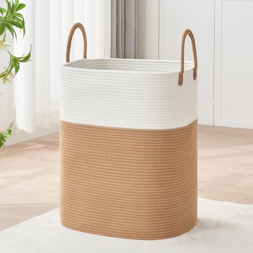 AINUOQI Laundry Basket with Handles - Blanket Basket & Hampers for Bedroom Aesthetic, Laundry Hamper & Blanket Storage for Living Room, Clothes Hamper, Tall, Large 17" x 14" x 22”, White & Jute - color: White & Jute, size: 85L
