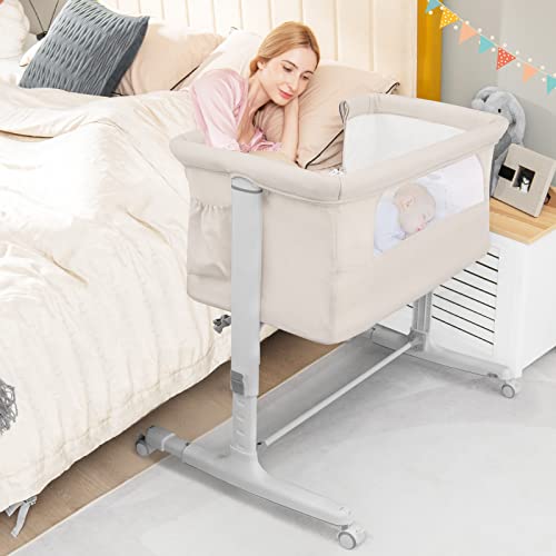 BABY JOY Bassinet Bedside Sleeper, 3 in 1 Folding Crib w/Adjustable Height, Mattress, Lockable Wheels, Storage Pocket & Carry Bag for Infant Newborn, Stationary & Rock, Portable Baby Bassinet (Beige) - color: Beige