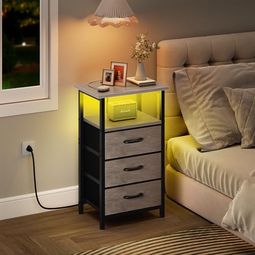 Vagusicc Night Stand Set 2 with Charging Station, LED Nightstand for Bedroom, Bedside Table with 3 Fabric Drawers, End Table Side Table with USB Ports & Outlets, Bed Side Table for Bedroom, Greige - color: Greige, size: 2 Pieces, style: With LEDs